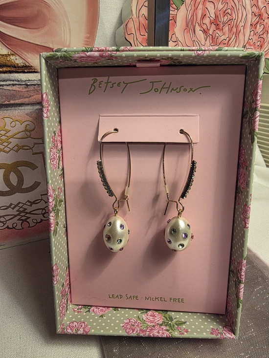 Betsey Johnson Jewelry - Betsey Johnson Pearl Egg Drop Earrings with Multicolor Crystal Accents
